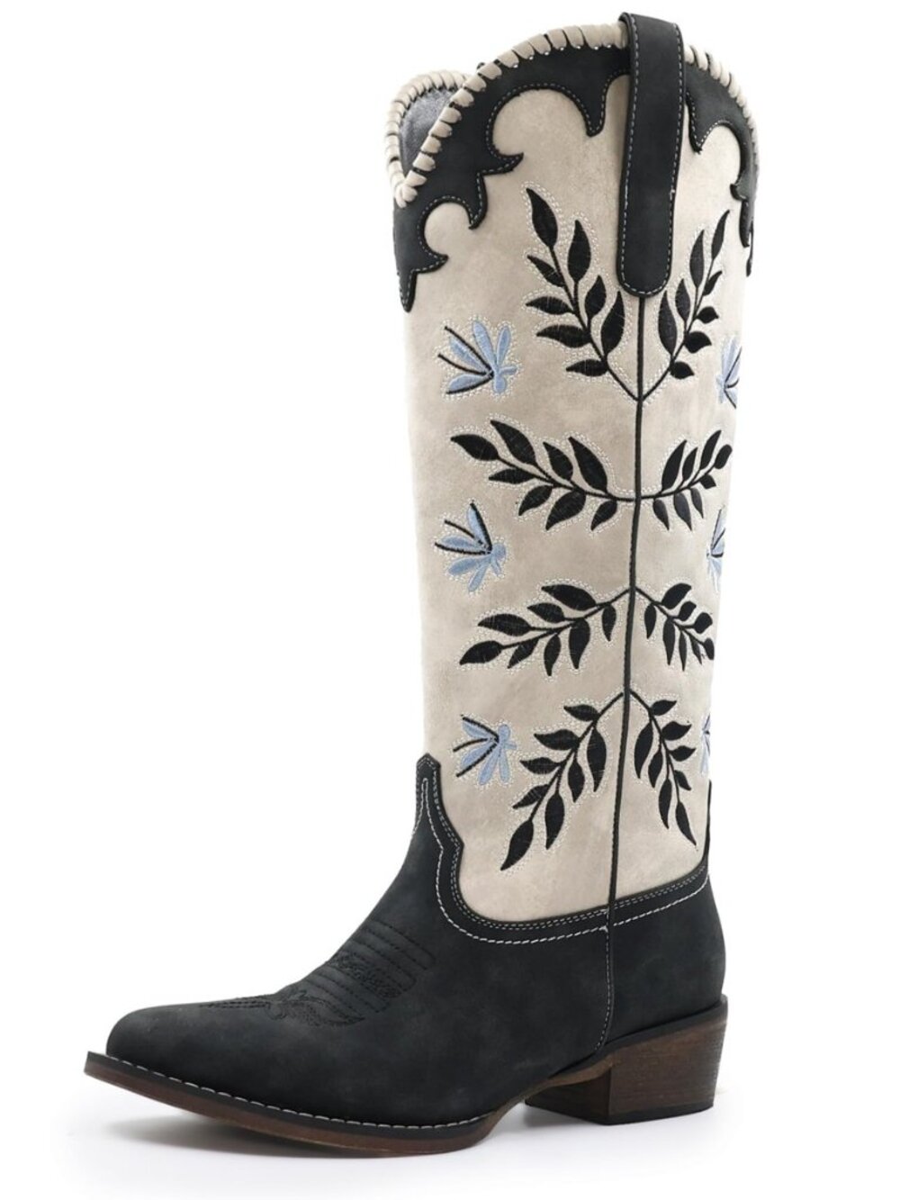 Womens Cowboy Boots Leaf Embroidered Pull on Knee High Round Toe Comfortable